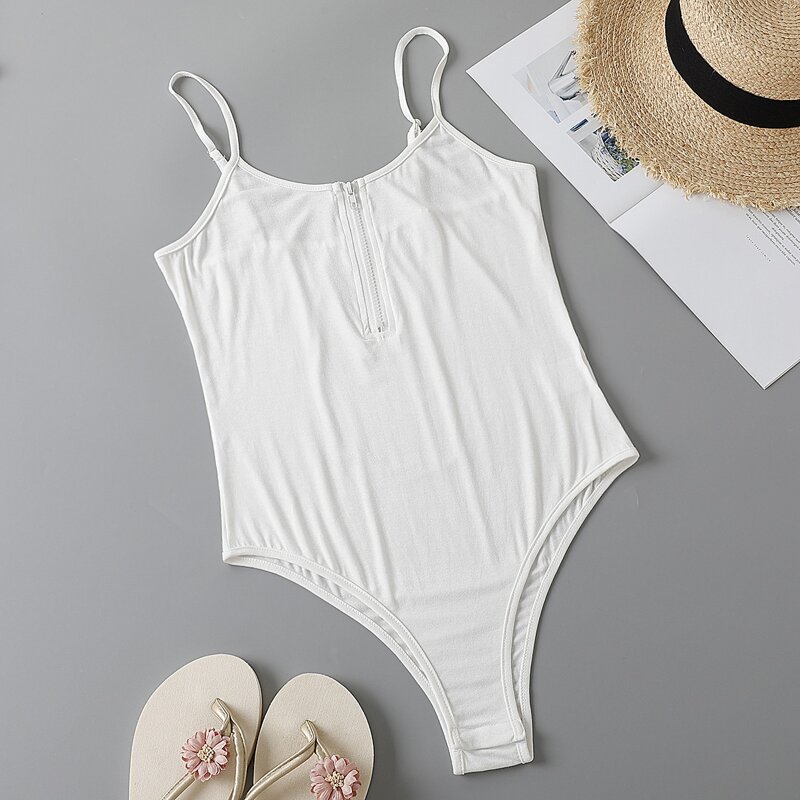 

Half Zipper Cami Bodysuit, White