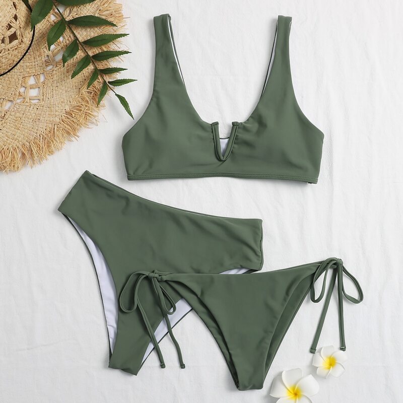 

3pack V Wired High Waisted Bikini Swimsuit, Army green