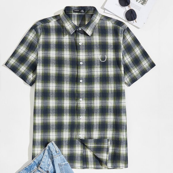 

Men Graphic Embroidery Plaid Shirt, Multicolor
