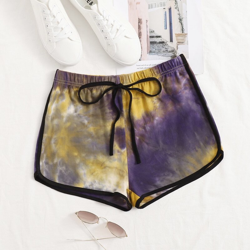 

Knot Waist Contrast Binding Tie Dye Dolphin Shorts, Multicolor