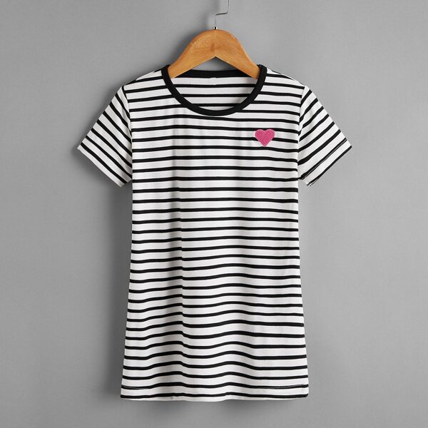 

Toddler Girls Heart Embroidered Striped Tee Dress, Black and white