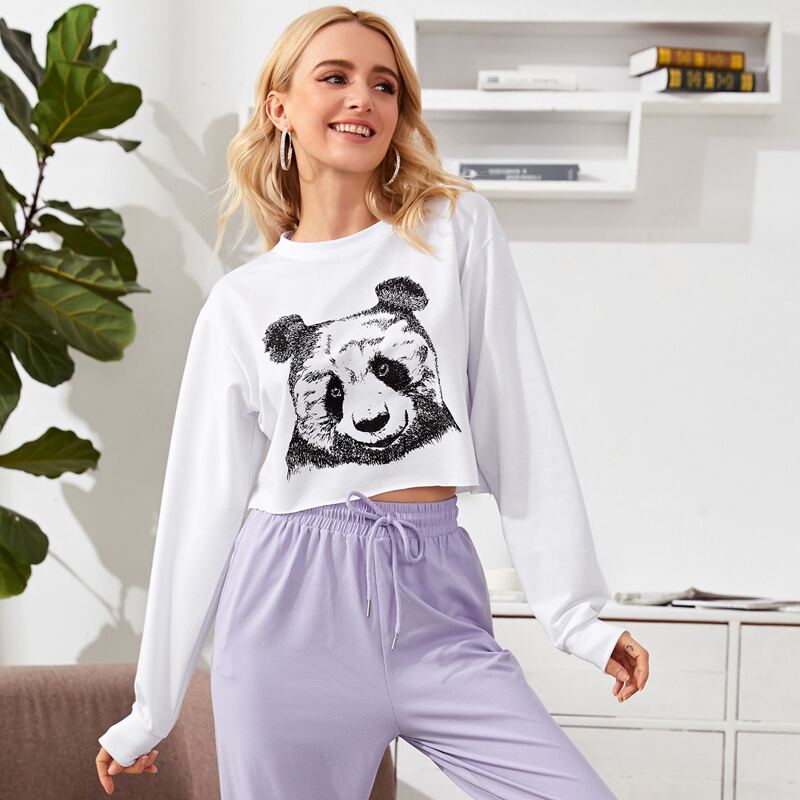 

Panda Print Crop Sweatshirt, White