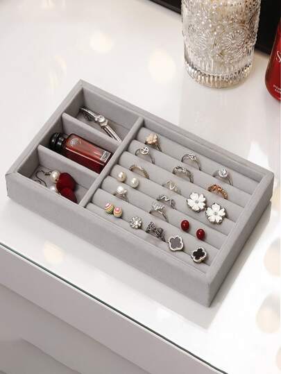 1pc Multi-Grid Jewelry Storage Box, Grey Compartment Jewelry Display Tray For Household, Gift For Valentine's Day