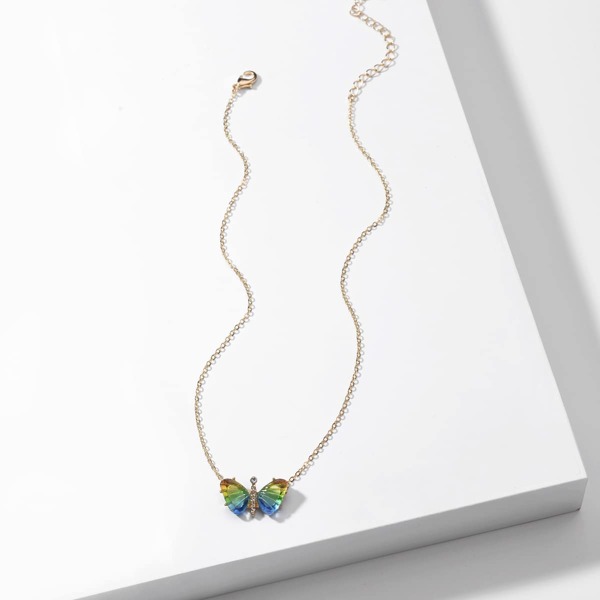 

Rhinestone Butterfly Charm Necklace, Green