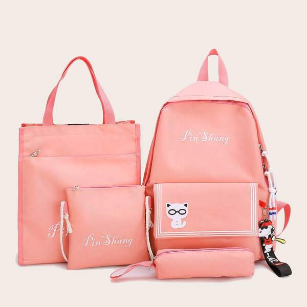 

4pcs Girls Letter Graphic Backpack With Pencil Case, Pink
