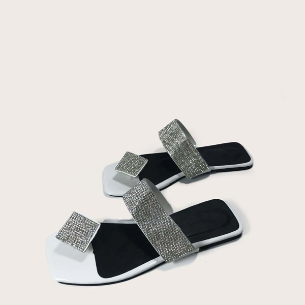 

Rhinestone Detail Toe Loop Slide Sandals, White