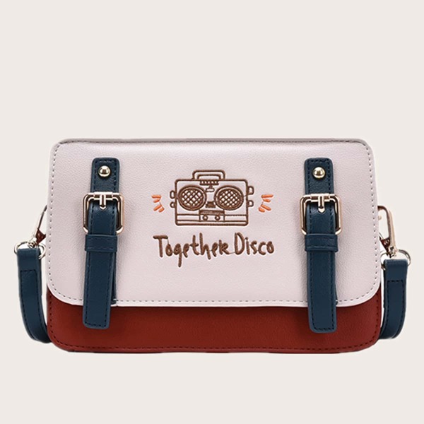 

Buckle Decor Letter Embroidery Crossbody Bag, Multicolor