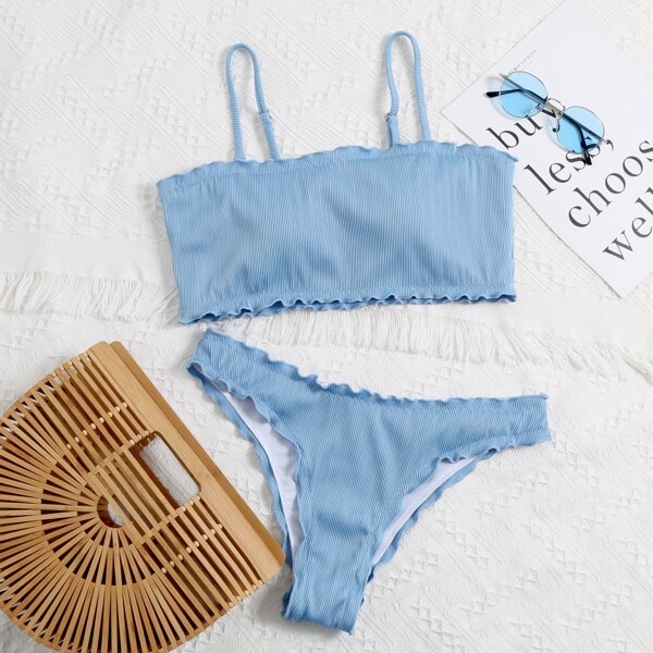 

Rib Lettuce Trim Bikini Swimsuit, Pastel baby blue