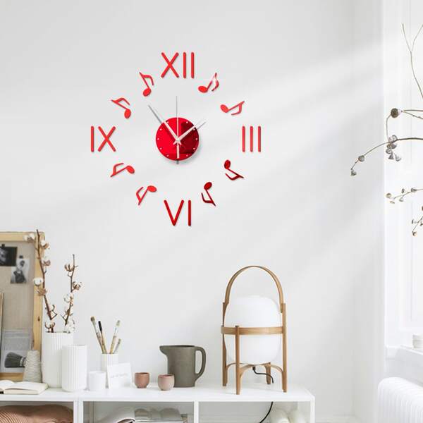 

Music Notes Decor Mirror Surface Wall Clock, Red