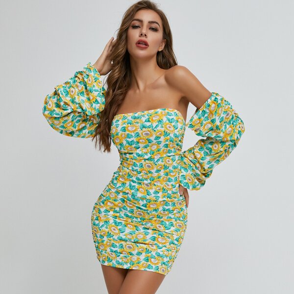 

Off Shoulder Ruched Floral Dress, Multicolor