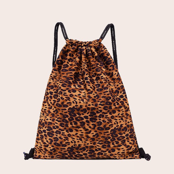 

Girls Drawstring Decor Leopard Backpack, Brown