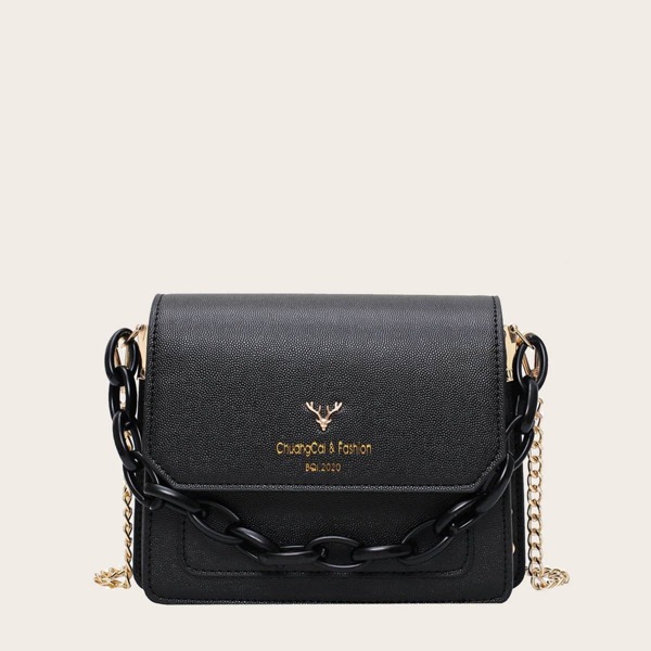

Chain Decor Letter Graphic Crossbody Bag, Black