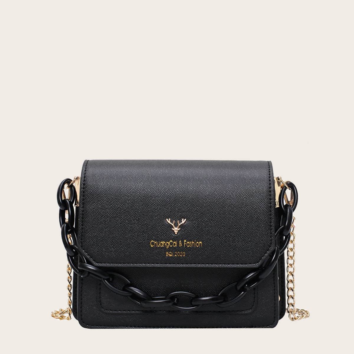 

Chain Decor Letter Graphic Crossbody Bag, Black