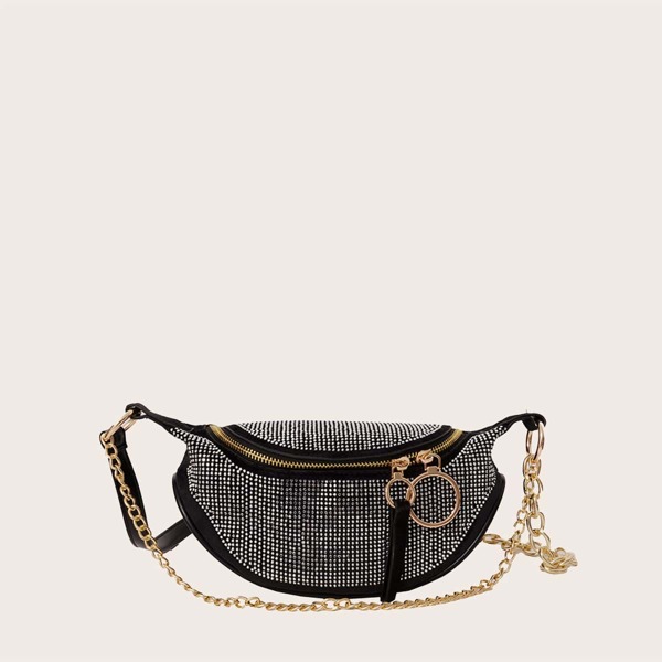 

Allover Rhinestone Decor Fanny Pack, Black