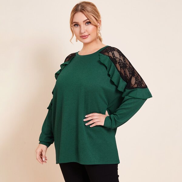 

Plus Contrast Lace Ruffle Trim Sweatshirt, Dark green