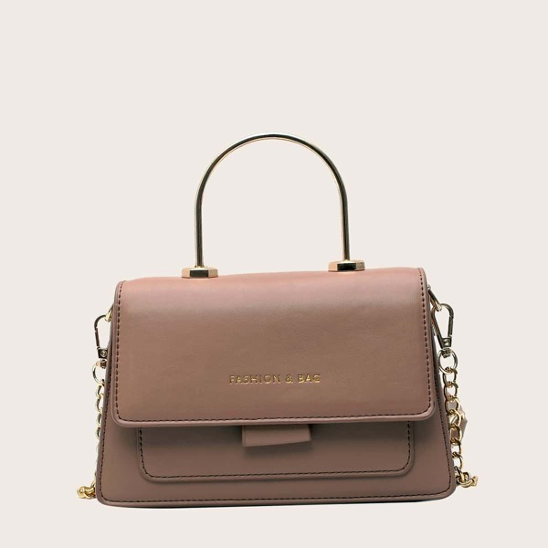 

Letter Graphic Flap Chain Satchel Bag, Khaki