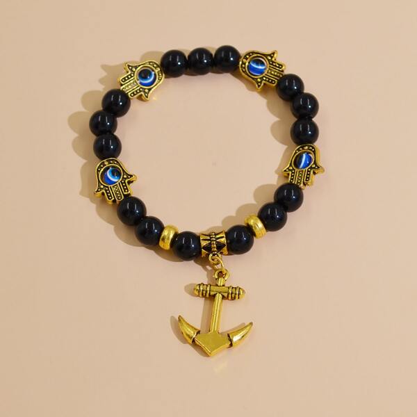 

Men Eyes Anchor Pendant Beaded Bracelet, Multicolor