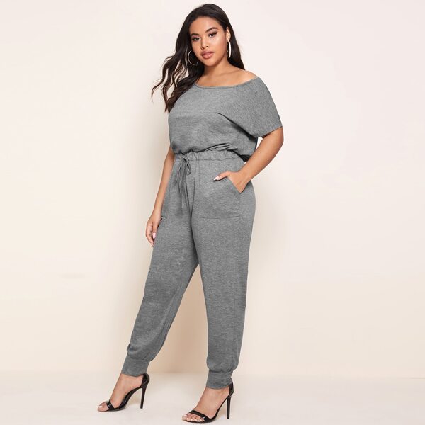

Plus Boat Neck Knot Waist Jumpsuit, Grey