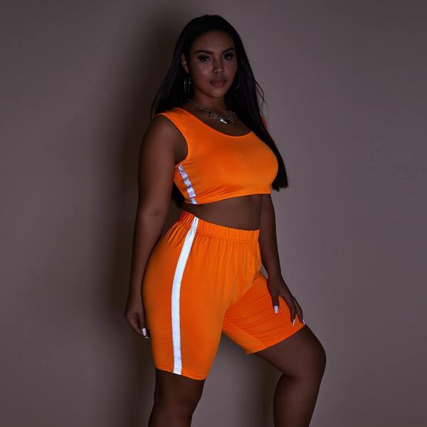 

Plus Reflective Panel Tank Top & Biker Shorts, Orange