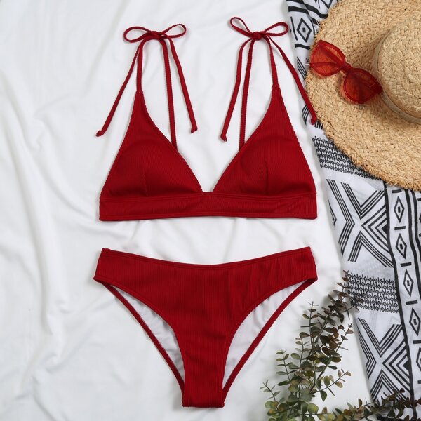 

Rib Triangle Tie Shoulder Bikini Swimsuit, Red