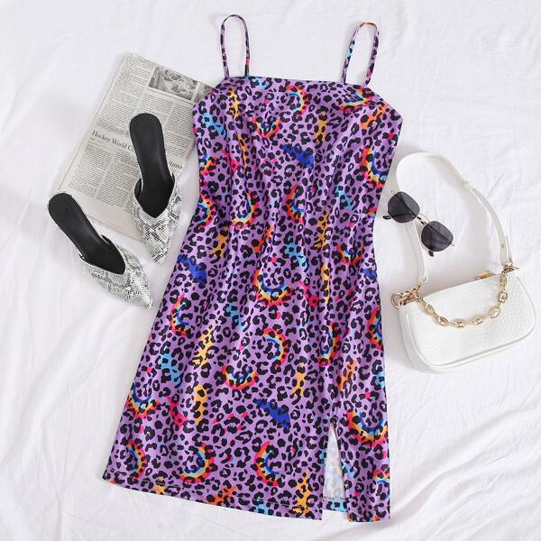 

Leopard And Rainbow Print Split Hem Cami Dress, Purple