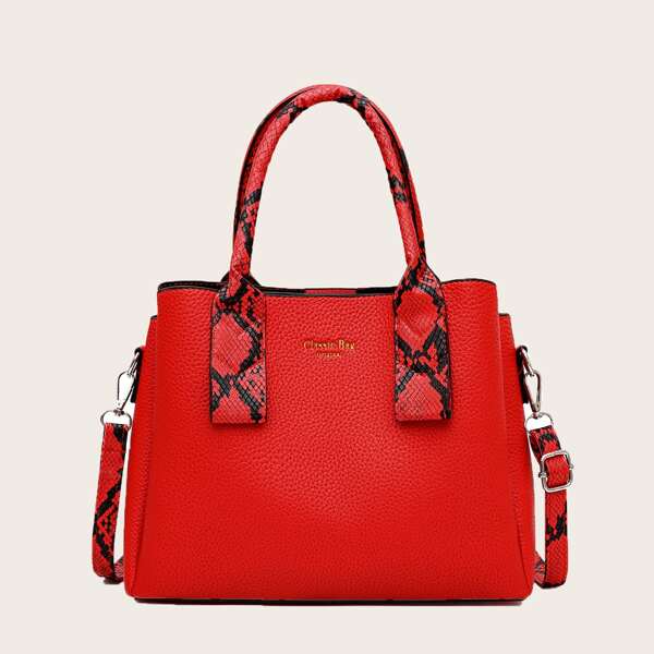 

Snakeskin Detail Satchel Bag, Red