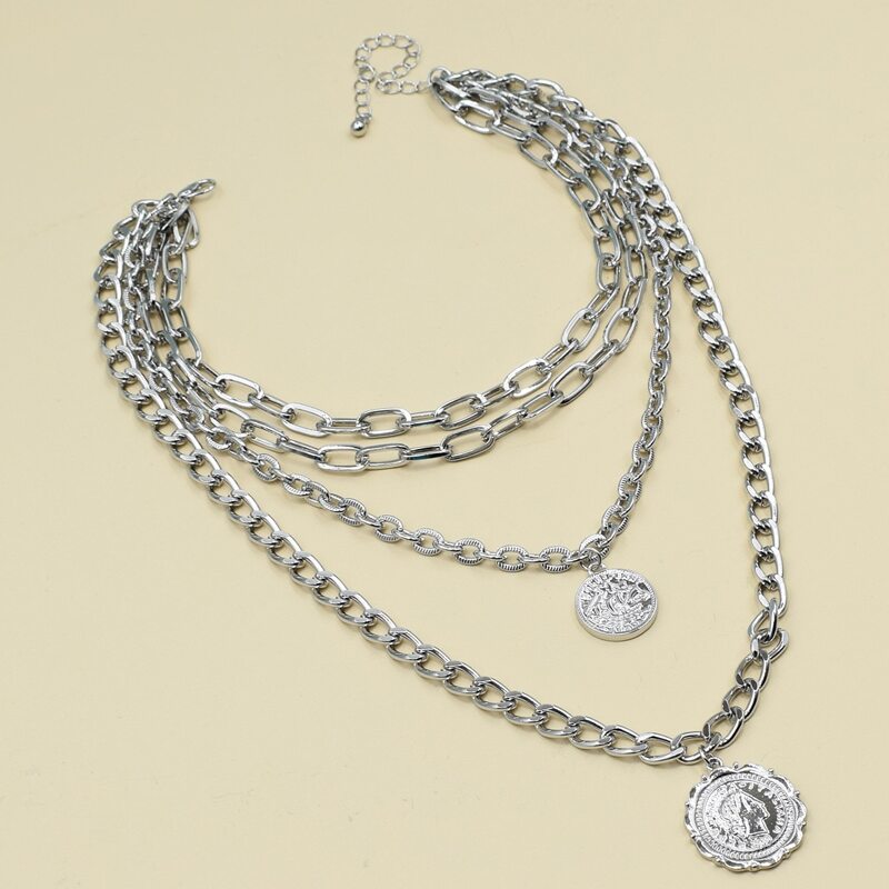 

Coin Layered Chain Necklace, Silver