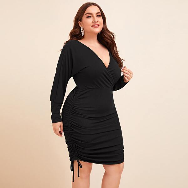 

Plus Surplice Front Drawstring Side Bodycon Dress, Black
