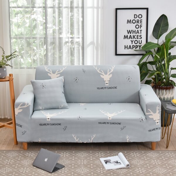 

Elk Print Sofa Cover Without Cushion, Light grey
