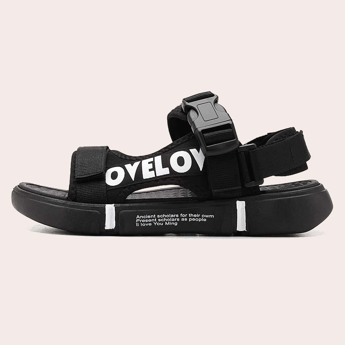 

Letter Graphic Buckle Decor Midform Sandals, Black