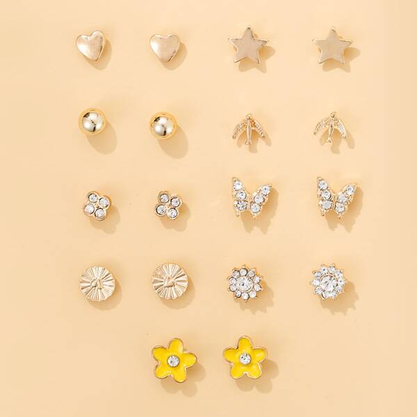 

9pairs Rhinestone Decor Stud Earrings, Multicolor