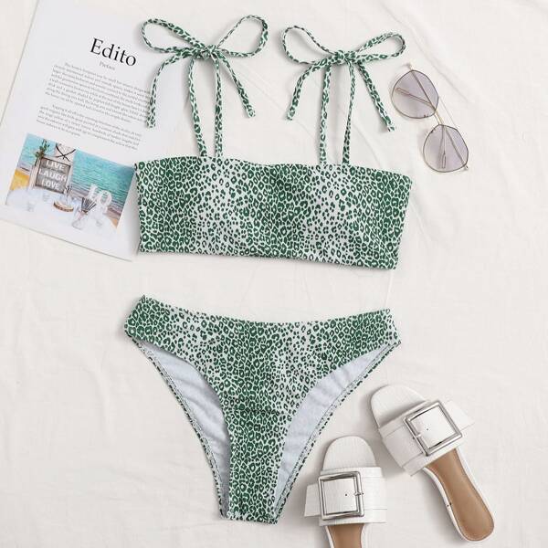 

Leopard Tie Shoulder Bikini Swimsuit, Green