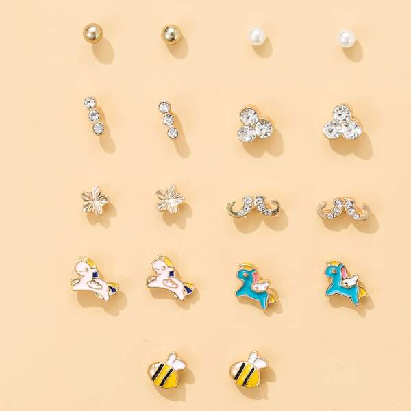 

9pairs Rhinestone Decor Stud Earrings, Multicolor