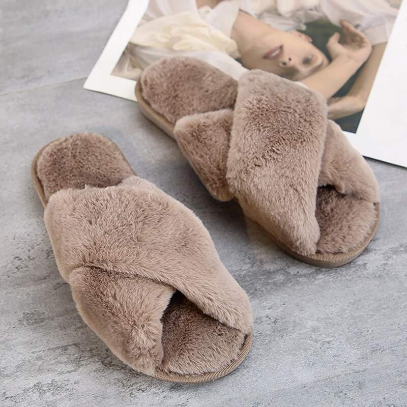 

Open Toe Criss Cross Fluffy Slippers, Coffee brown