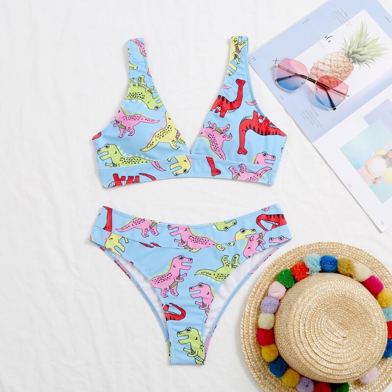 

Cartoon Dinosaur Print Bikini Swimsuit, Multicolor