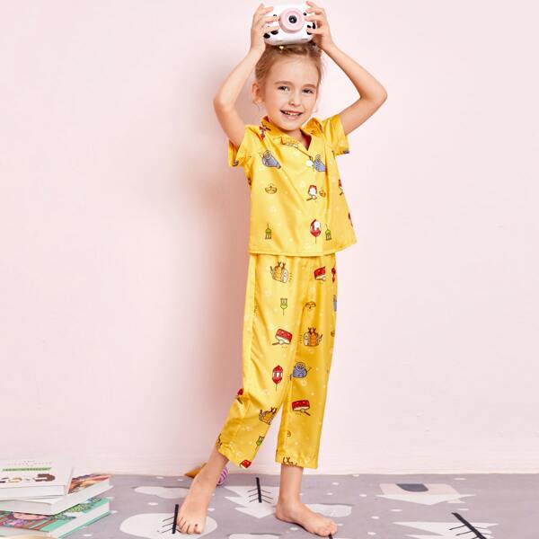 

Toddler Girls Lapel Cartoon Graphic PJ Set, Yellow bright