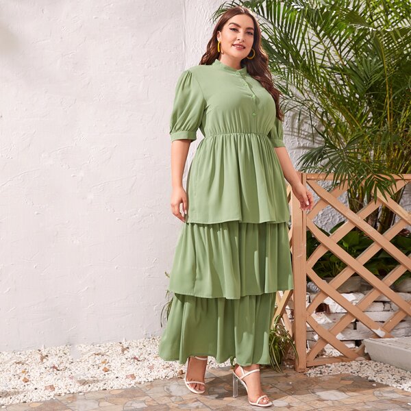 

Plus Button Front Layered Hem Dress, Army green