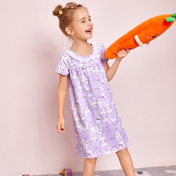 

Toddler Girls Cartoon Rabbit Print Frill Nightdress, Lilac purple