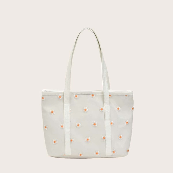 

Daisy Floral Embroidery Tote Bag, White