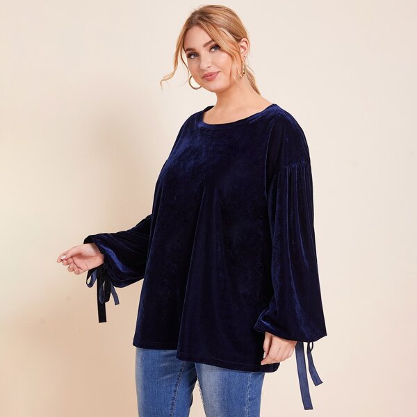 

Plus Knot Cuff Velvet Sweatshirt, Navy blue