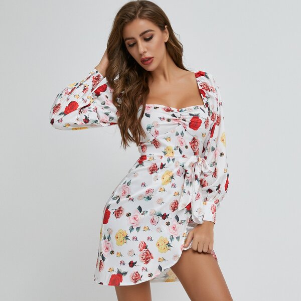 

Lantern Sleeve Belted Wrap Floral Milkmaid Dress, Multicolor