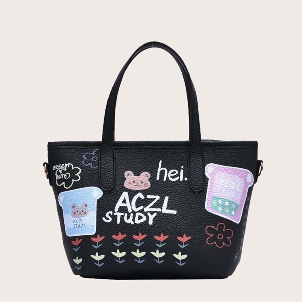 

Girls Cartoon Graphic Satchel Bag, Black