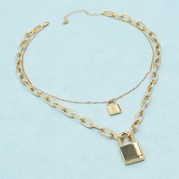 

Lock Charm Layered Necklace, Gold
