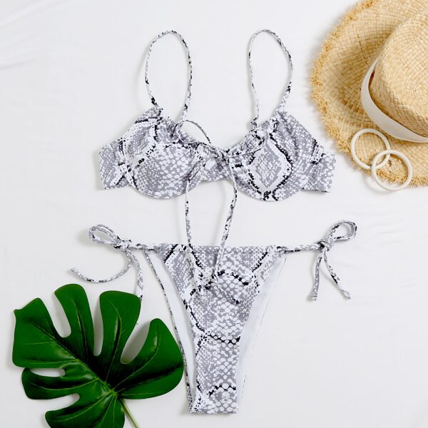 

Snakeskin Underwire Tie Side Bikini Swimsuit, Light grey