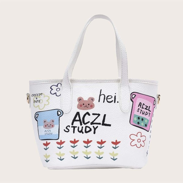 

Girls Cartoon Graphic Satchel Bag, White