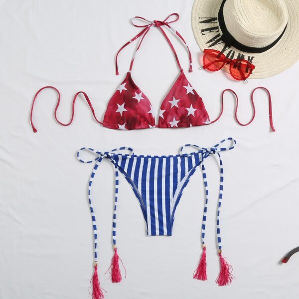 

Star & Striped Halter Tassel Tie Side Bikini Swimsuit, Multicolor