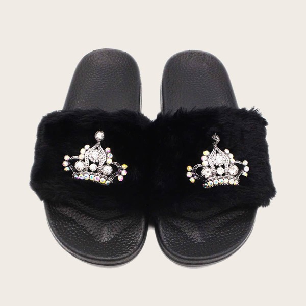 

Rhinestone Decor Fluffy Slippers, Black