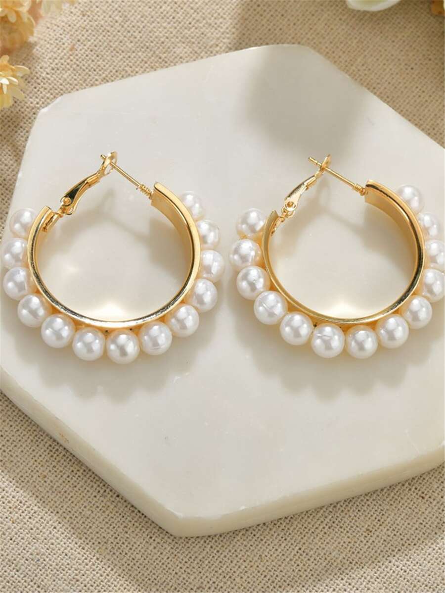 Faux Pearl Hoop Earrings - View 1