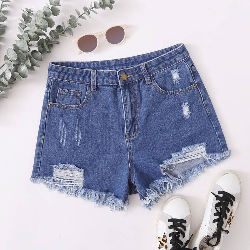 

Ripped Raw Hem Denim Shorts, Medium wash