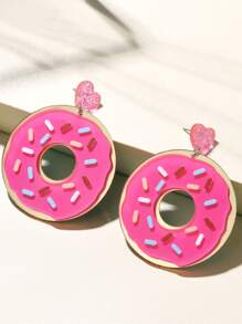 Heart Donut Drop Earrings - Hot Pink - View 1